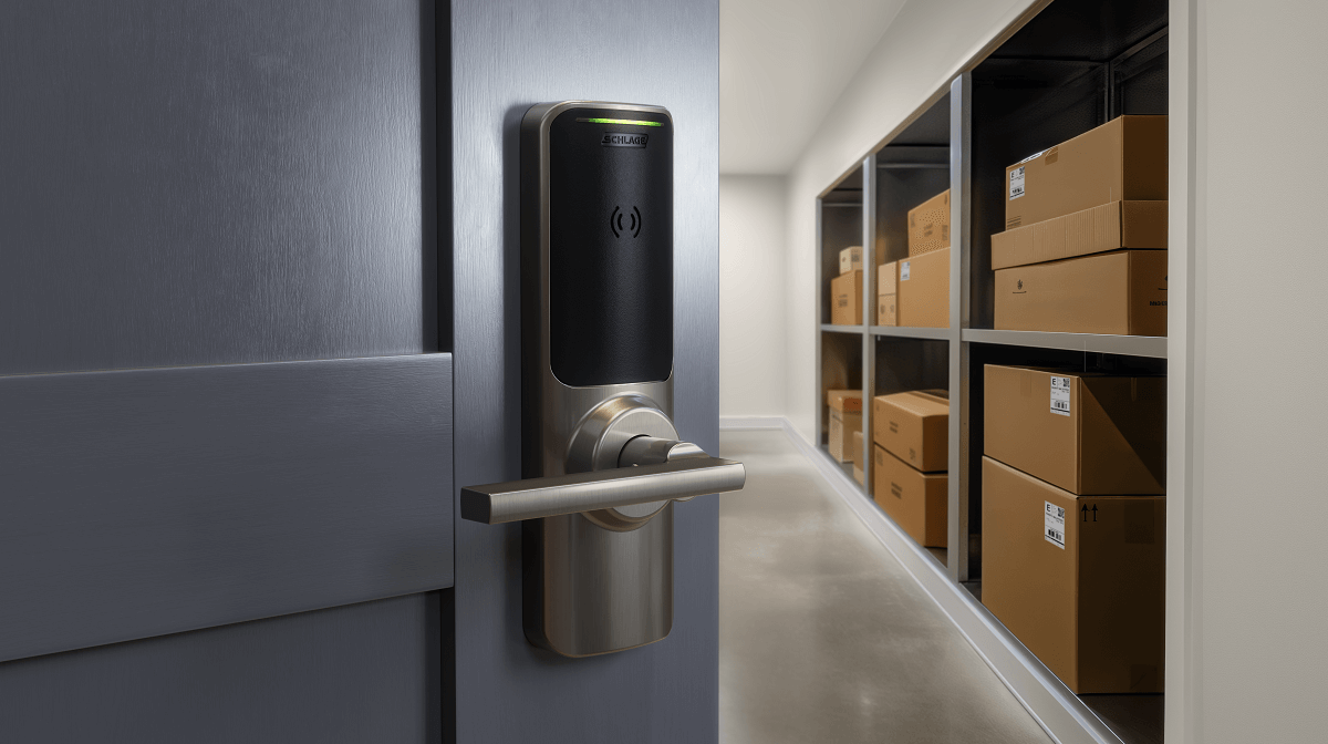 A view looking up from inside a locker at a smart lock with a keypad and a handle on the door