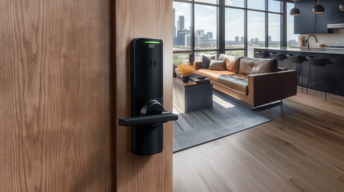 A modern hotel room door with digital key card reader